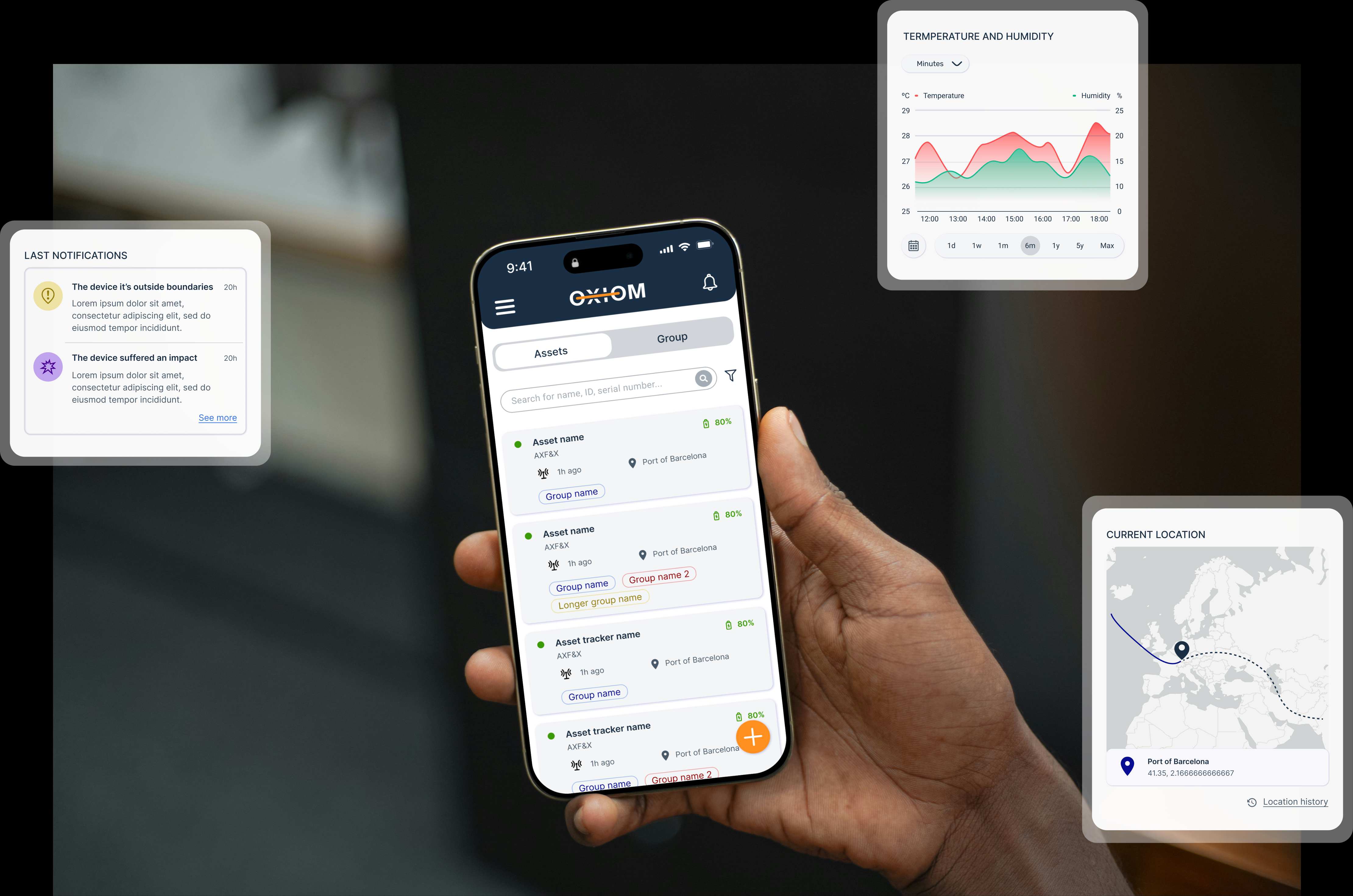 Oxiom Mobile App Interface showing real-time tracking, notifications, temperature monitoring, and location features